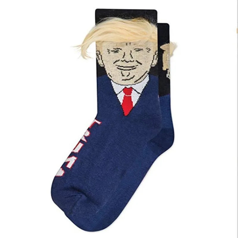 Funny and Funny Presidential Socks With 3D Fake Hair Round Neck Socks for Men's Street Clothing Hip Hop Socks