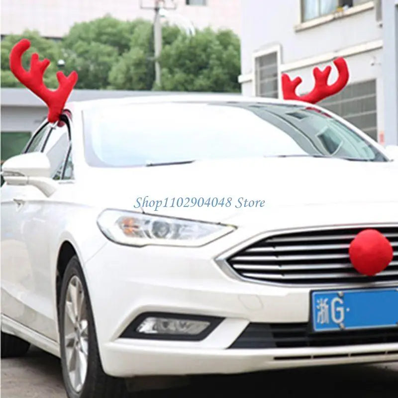 B5XE Christmas Holiday Supplies Auto Decor Car Reindeer Deer Elk 2 Antlers + 1 Nose Xmas Ornaments Decorative Lovely Pendant