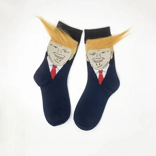 Funny and Funny  Presidential Socks With 3D Fake Hair Round Neck Socks for Men's Street Clothing Hip Hop Socks