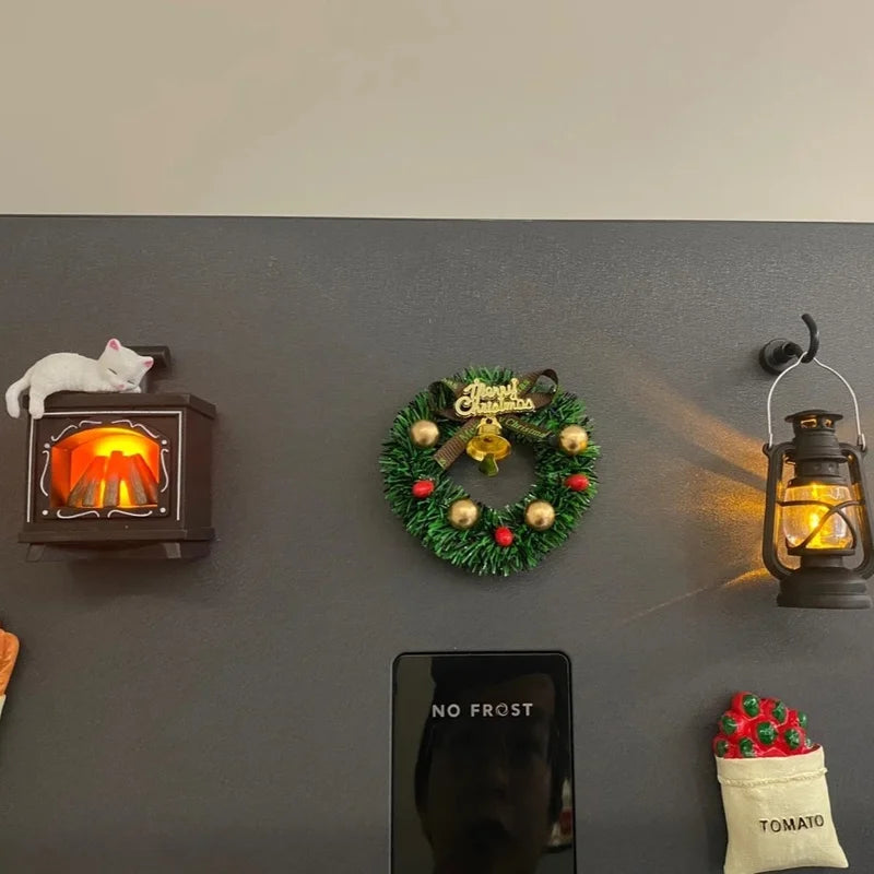 Miniature Christmas Scene Fridge Magnet with Glowing Fireplace And Cat Design Home Decor Ornament for Festive Atmosphere