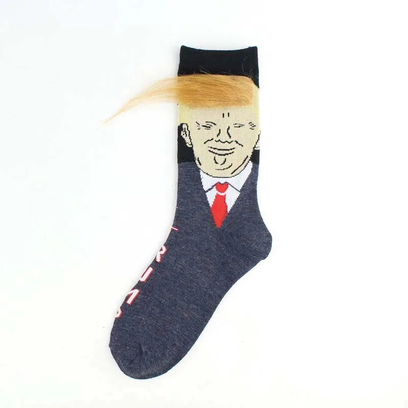 Funny and Funny  Presidential Socks With 3D Fake Hair Round Neck Socks for Men's Street Clothing Hip Hop Socks