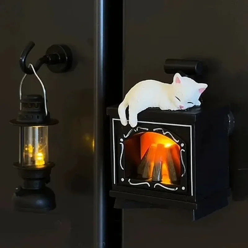Miniature Christmas Scene Fridge Magnet with Glowing Fireplace And Cat Design Home Decor Ornament for Festive Atmosphere