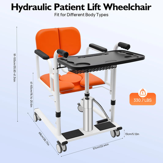 Hydraulic Patient Lift Bath Commode Transfer Chair with Adjustable Height Soft Detachable Cushion Portable for Home Patient Car