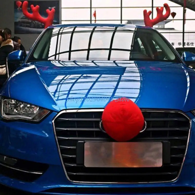 B5XE Christmas Holiday Supplies Auto Decor Car Reindeer Deer Elk 2 Antlers + 1 Nose Xmas Ornaments Decorative Lovely Pendant