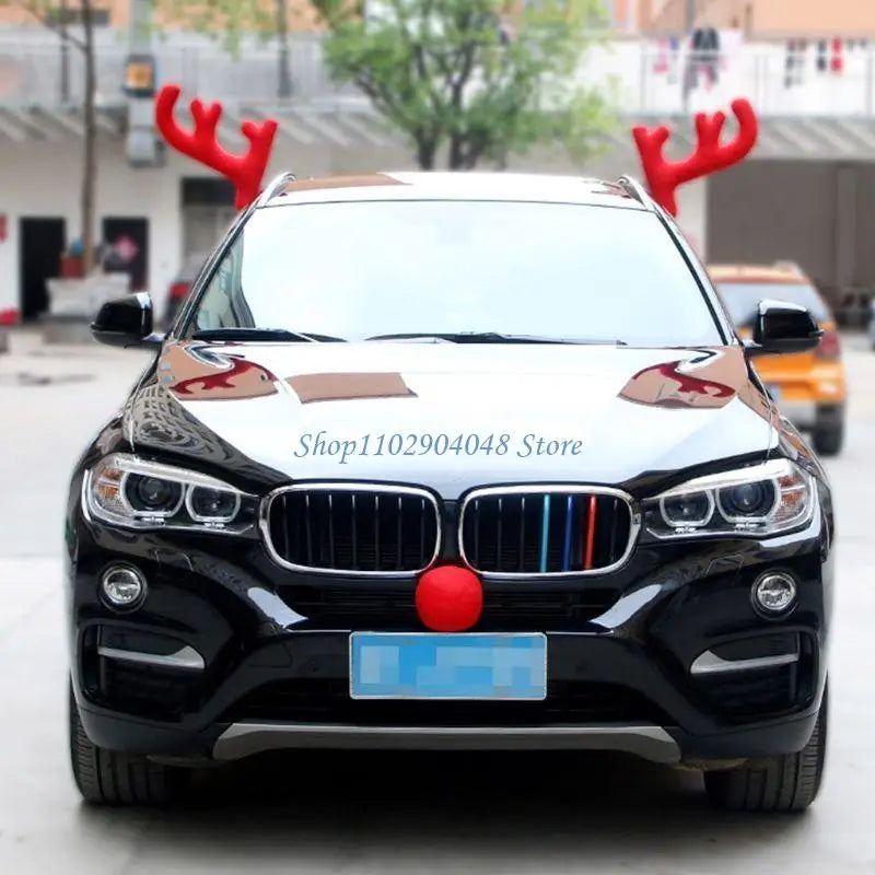 B5XE Christmas Holiday Supplies Auto Decor Car Reindeer Deer Elk 2 Antlers + 1 Nose Xmas Ornaments Decorative Lovely Pendant