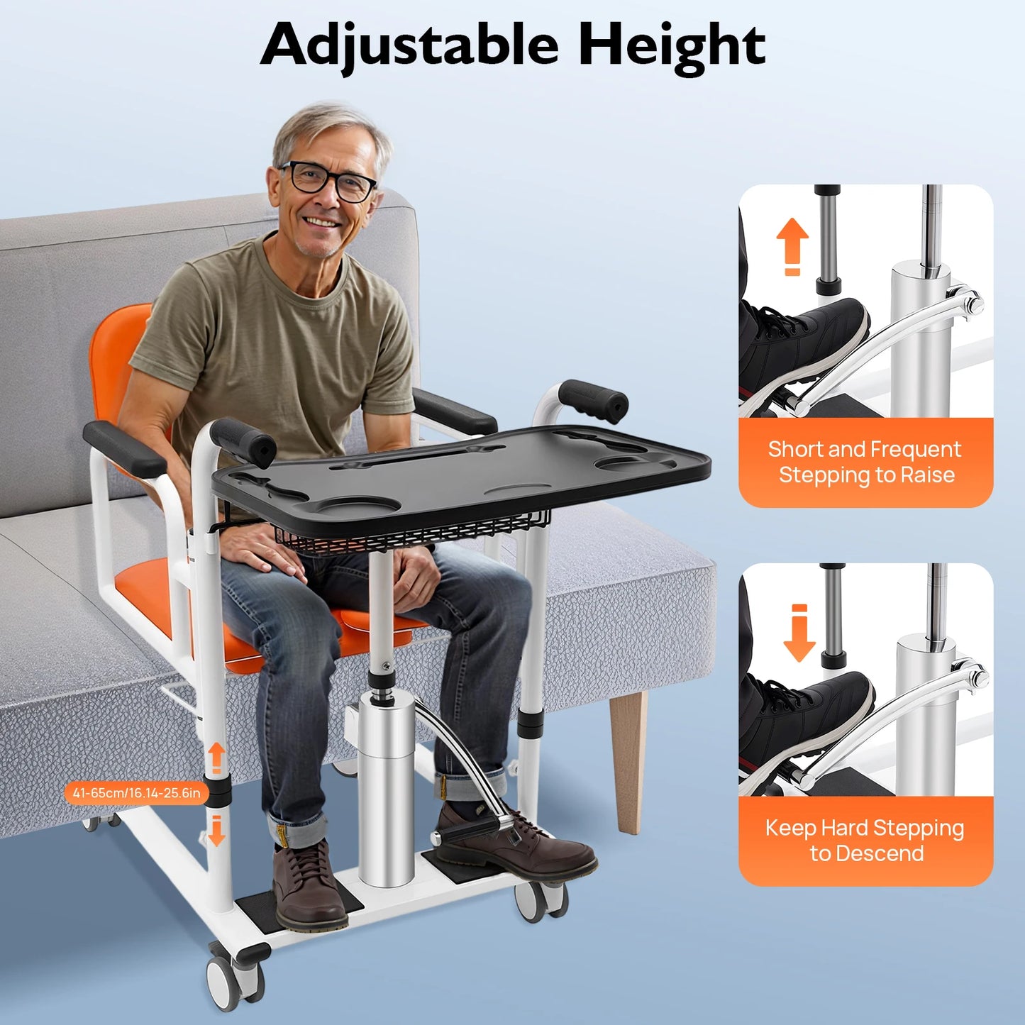 Hydraulic Patient Lift Bath Commode Transfer Chair with Adjustable Height Soft Detachable Cushion Portable for Home Patient Car