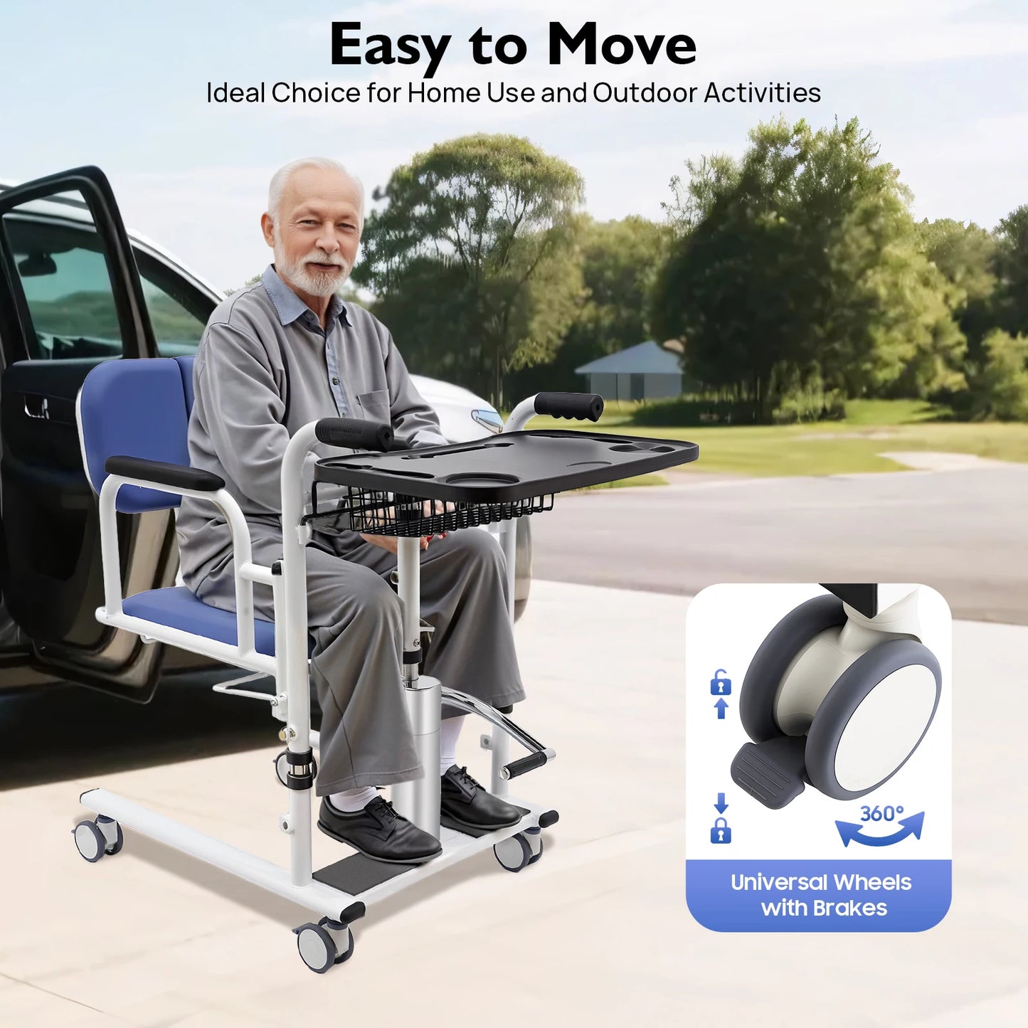 Hydraulic Patient Lift Bath Commode Transfer Chair with Adjustable Height Soft Detachable Cushion Portable for Home Patient Car