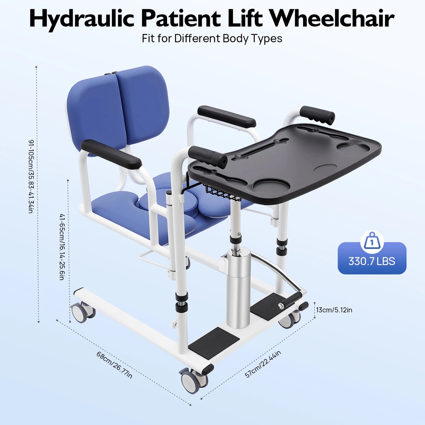 Hydraulic Patient Lift Bath Commode Transfer Chair with Adjustable Height Soft Detachable Cushion Portable for Home Patient Car