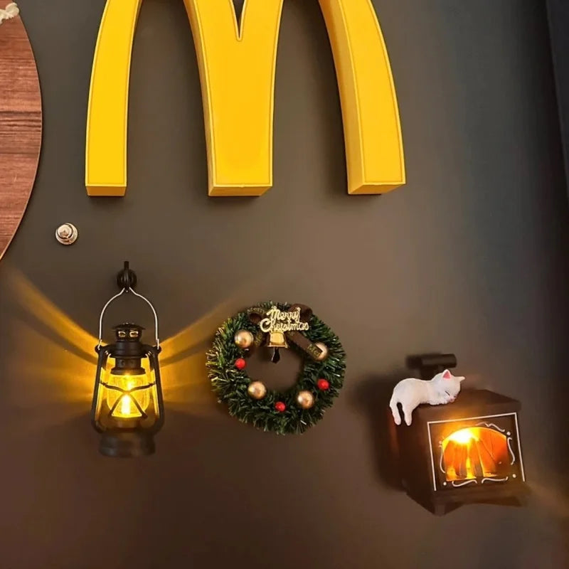 Miniature Christmas Scene Fridge Magnet with Glowing Fireplace And Cat Design Home Decor Ornament for Festive Atmosphere