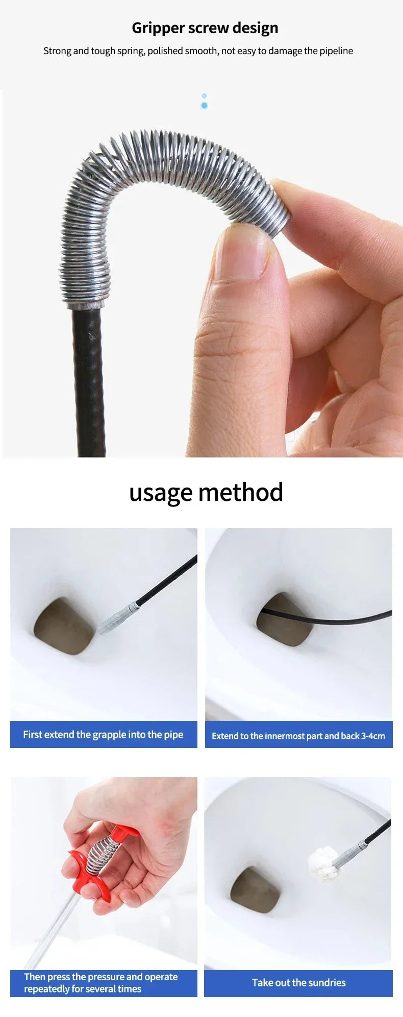 60cm Spring Pipe Dredging Tools, Drain Snake, Drain Cleaner Sticks Clog Remover Cleaning Household