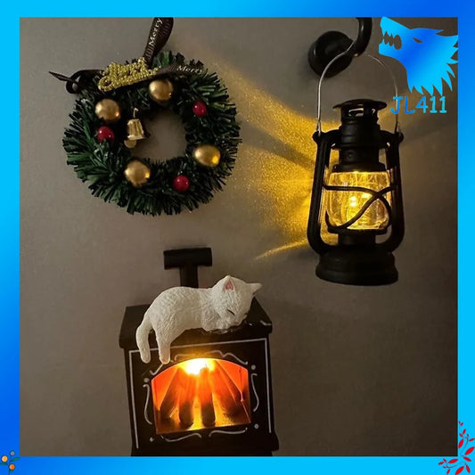Miniature Christmas Scene Fridge Magnet with Glowing Fireplace And Cat Design Home Decor Ornament for Festive Atmosphere