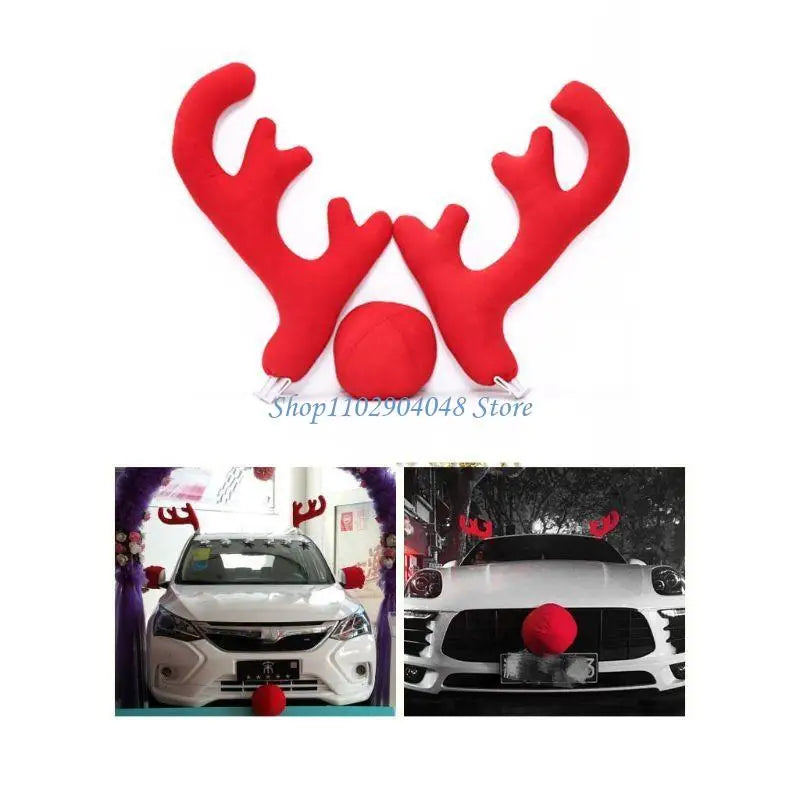 B5XE Christmas Holiday Supplies Auto Decor Car Reindeer Deer Elk 2 Antlers + 1 Nose Xmas Ornaments Decorative Lovely Pendant