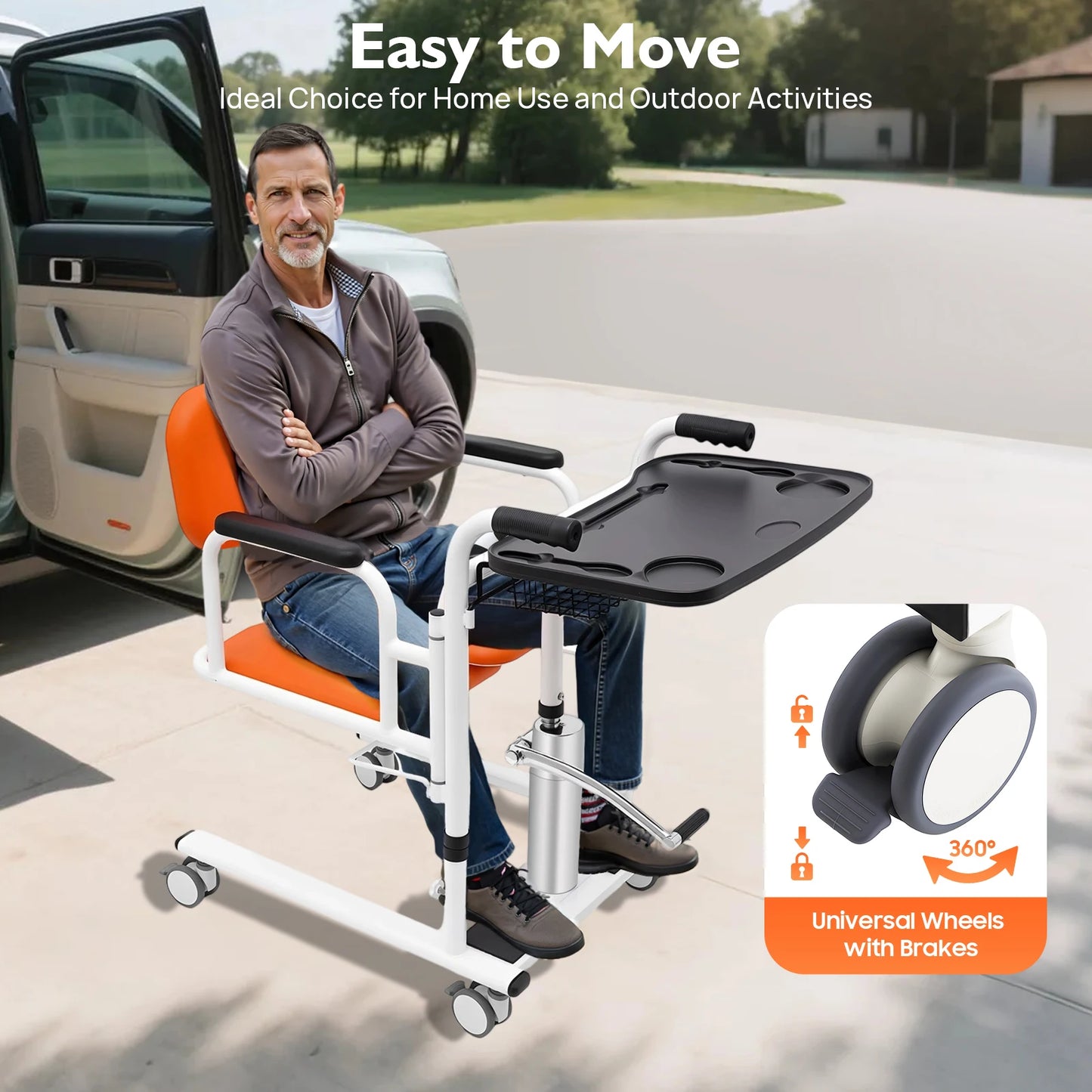 Hydraulic Patient Lift Bath Commode Transfer Chair with Adjustable Height Soft Detachable Cushion Portable for Home Patient Car