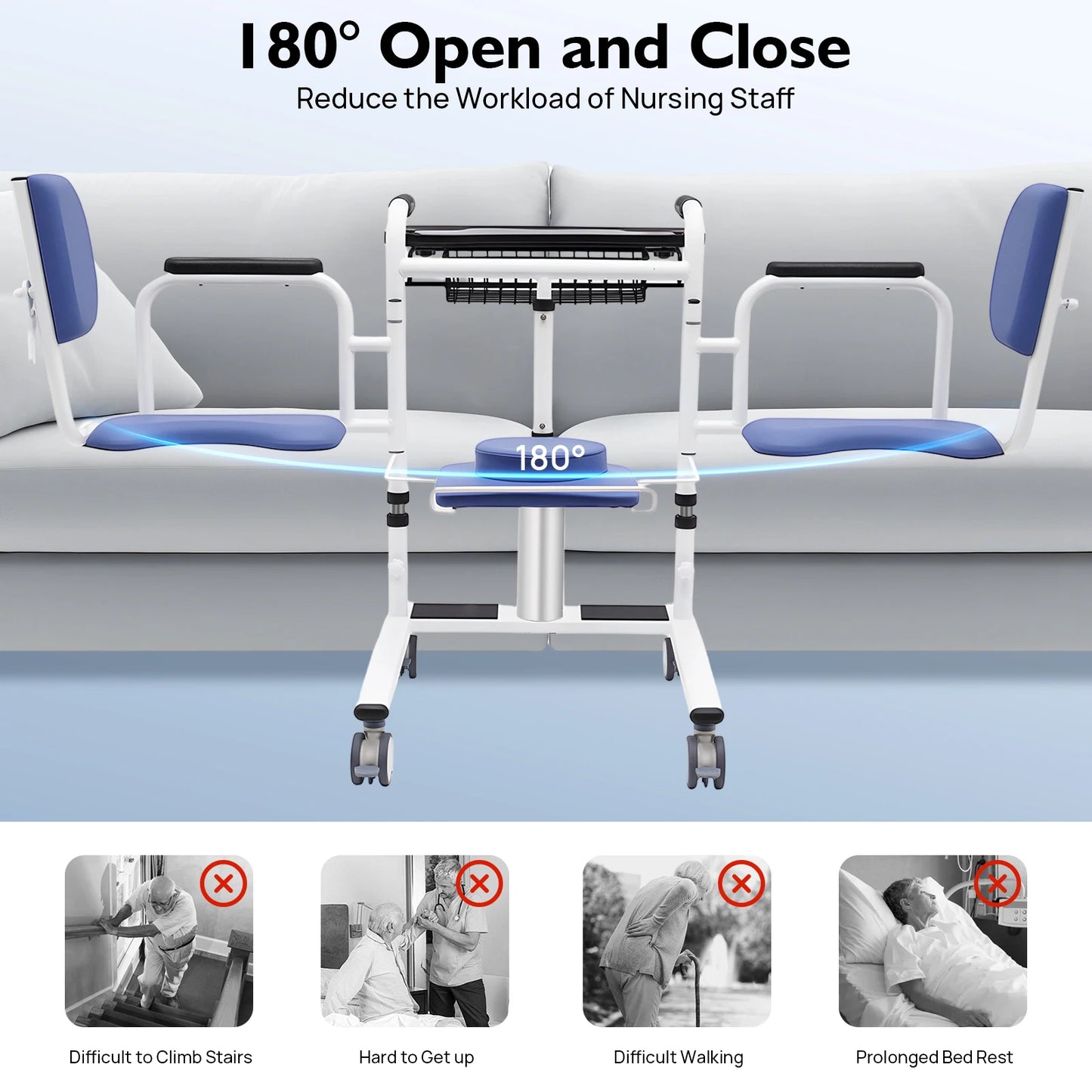 Hydraulic Patient Lift Bath Commode Transfer Chair with Adjustable Height Soft Detachable Cushion Portable for Home Patient Car